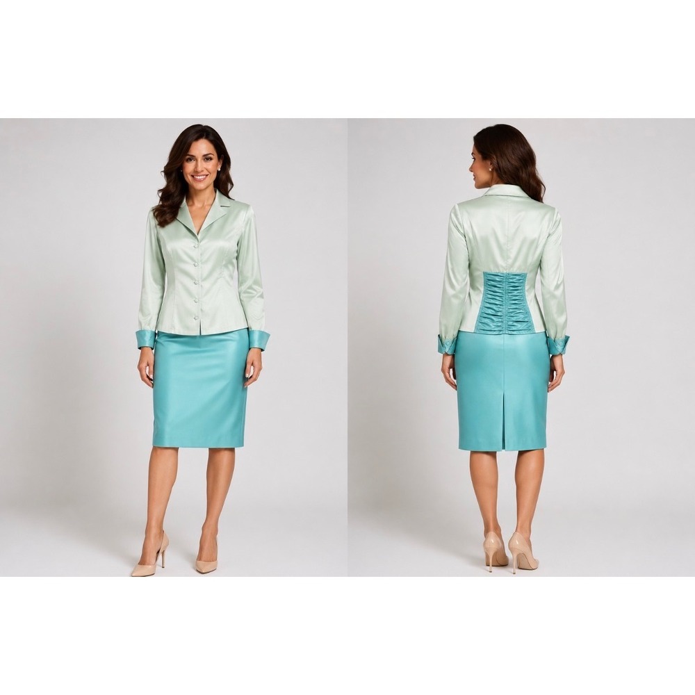 Marisa Baratelli 2pc Silk Skirt Suit Teal Green Jacket Pencil Skirt Sz 4 NWT